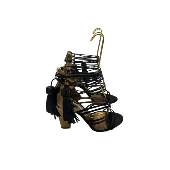Jimmy Choo Diamond Black Satin Honey Gold Leather Sandals Tassels Heels Size 38 - Picture 8 of 13